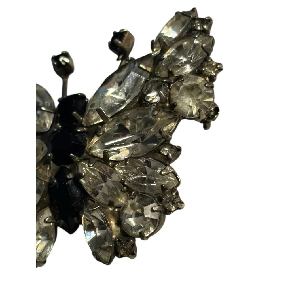 Butterfly Rhinestone Brooch Pin VTG‎ Black & Clear Rhinestones Silver Tone Retro